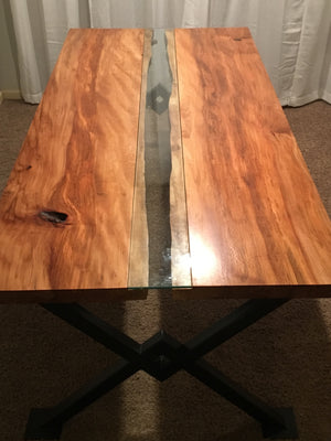 Sycamore live edge dining table with glass inlay