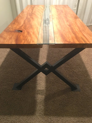 Sycamore live edge dining table with glass inlay
